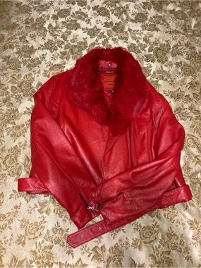 Women's Red Leather Jacket with Faux-Fur Collar